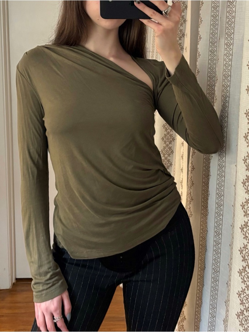 Helmut Lang olive green asymmetrical jersey top
